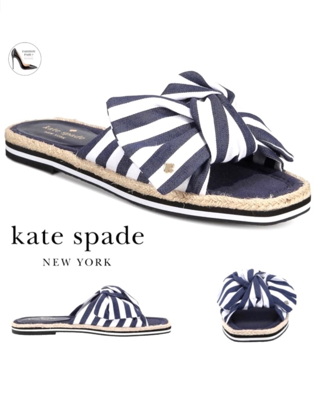 Kate Spade Caliana Stripe Slide Sandal Navy White Flat Designer Summer Shoe 8.5